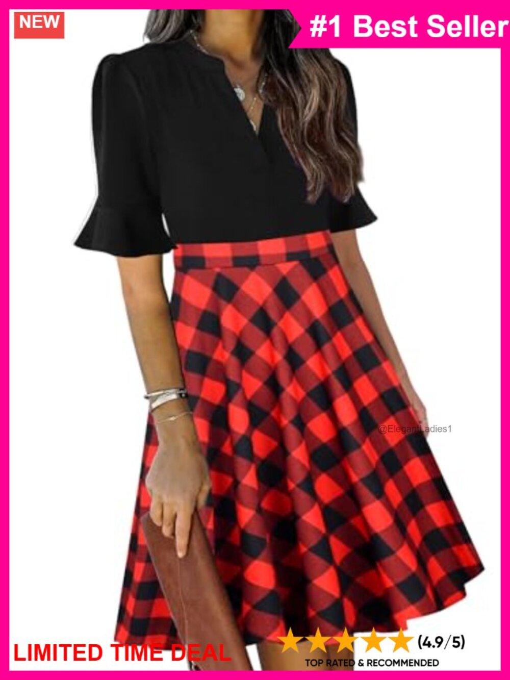 V Neck Ruffle Short Sleeve Fit and Flare Knee Length Dress with Pockets